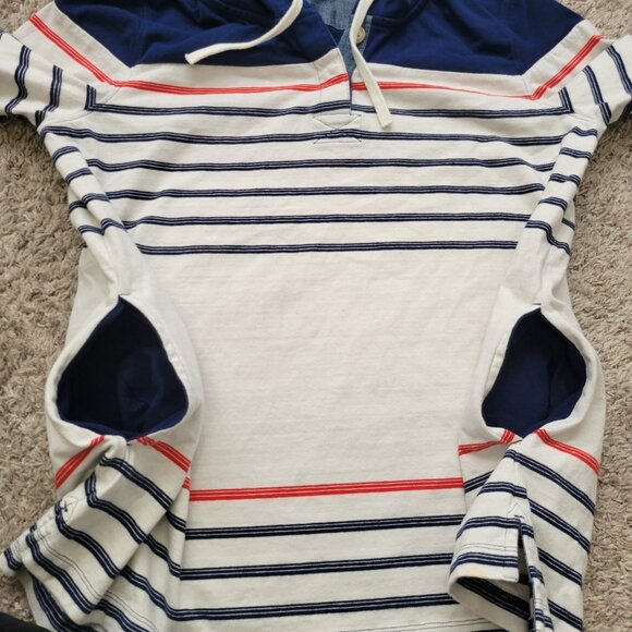 Lands End Hoodie Womens XL Blue Off White Striped Henley Pullover Patches Pocket - Picture 7 of 9
